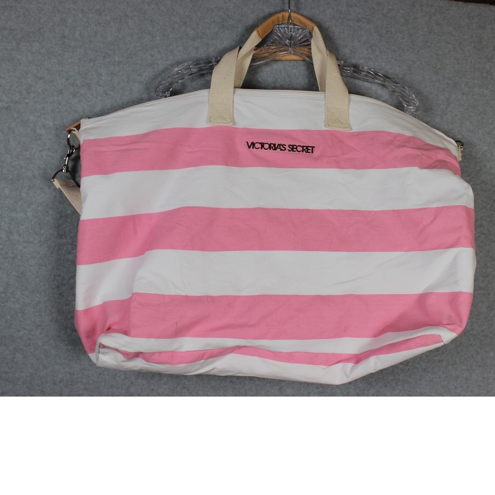 Victoria's Secret Tote Bag Pink White Striped Canvas Travel Shoulder Bag